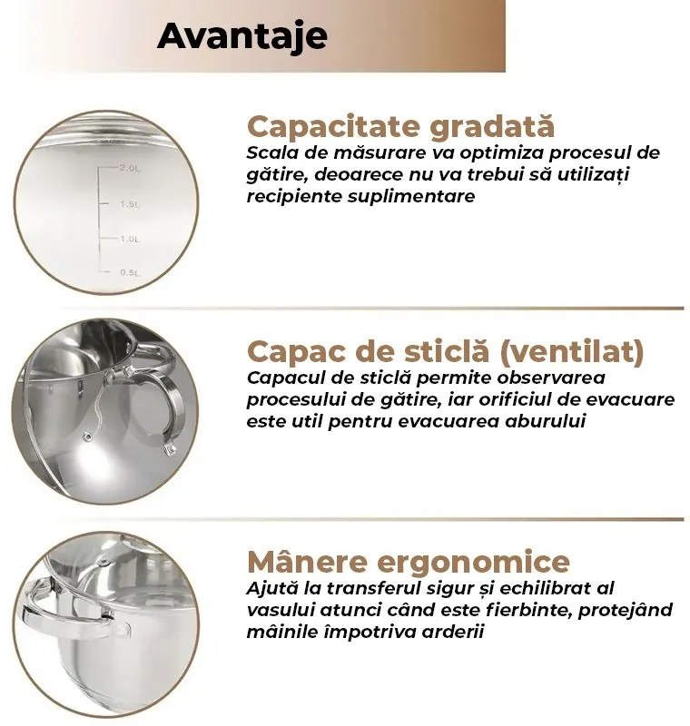 Set Vase Gătit din Inox, 12 Piese, Capacități 7 - 1.6 Litri, Bază 3 Straturi (Inducție), Capace din Inox