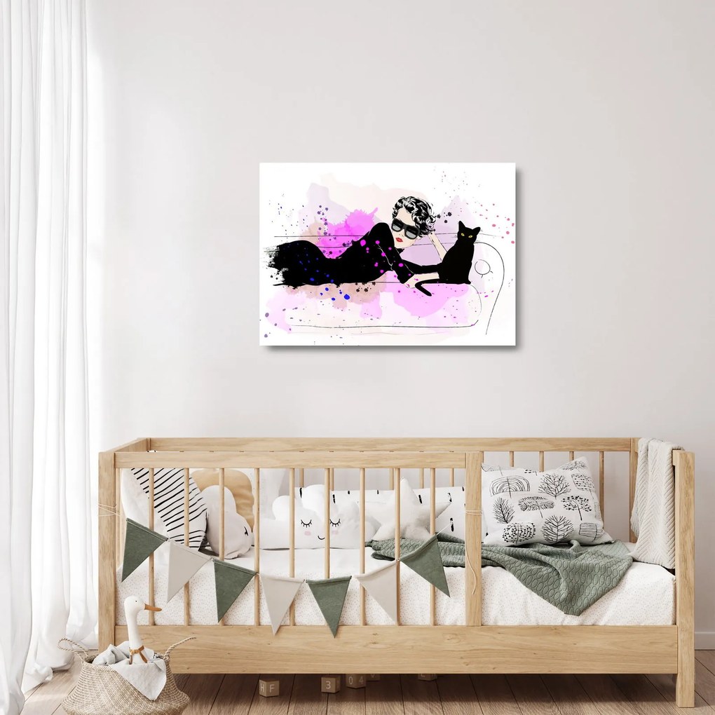 Tablou pe sticlă - Femeia cu pisică neagră (70x50 cm)