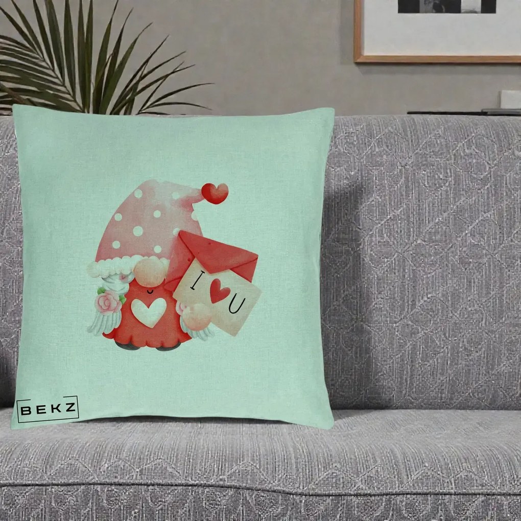 Cadou Romantic - Perna Personalizata I Love You Gnome Valentine cu Scrisoare, 40x40 cm, Verde Menta, Husa Detasabila, Perna Inclusa, BEKZ®