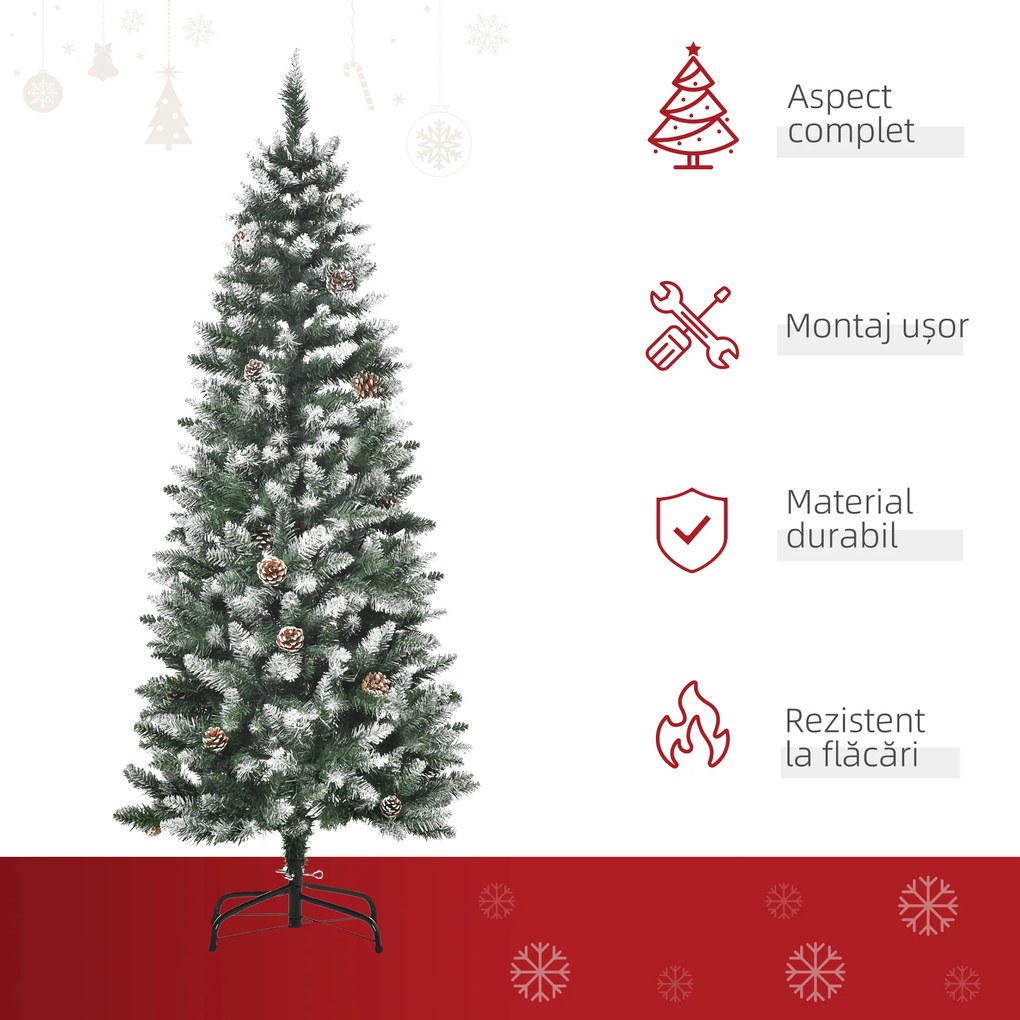 HOMCOM Brad de Crăciun Înzăpezit cu 464 crengi și 28 conuri, Brad Artificial cu Bază Detașabilă, Ø69x150 cm, Verde | Aosom Romania