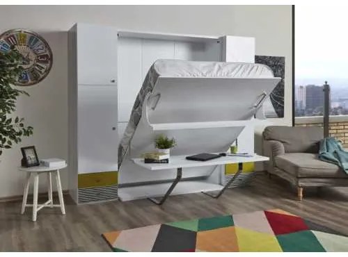 Pat rabatabil dublu cu birou Diva (LOFT) Double Table (140X190) - FARA DULAPURI LATERALE - Alb Mat