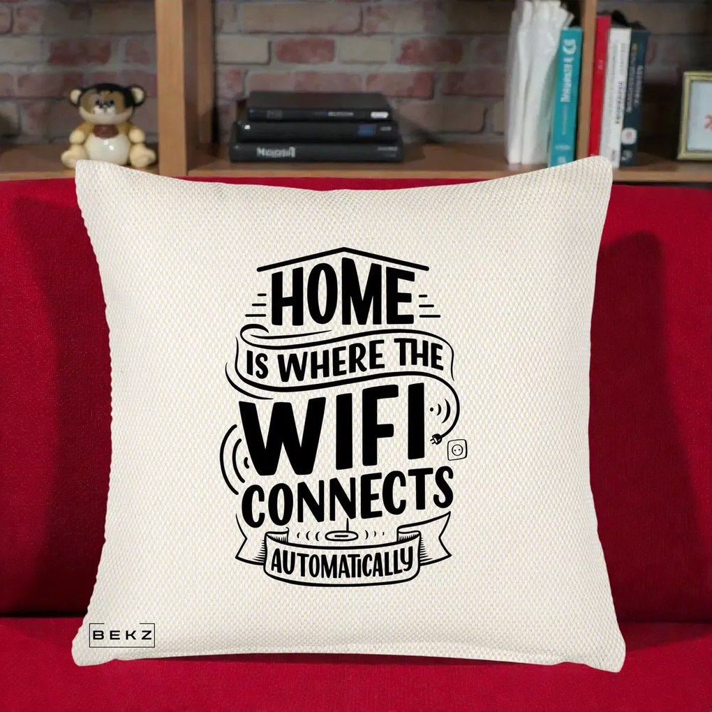 Perna Decorativa Home Is Where WiFi Connects, 40x40 cm, Crem Reliefat, Husa Detasabila, Perna Inclusa, BEKZ®