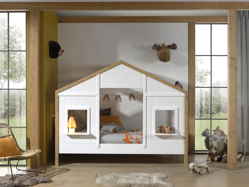 Pat Căsuță pentru Copii, 90x200 cm, Alb/Natural (Pin Masiv și MDF) – Babs – Vipack