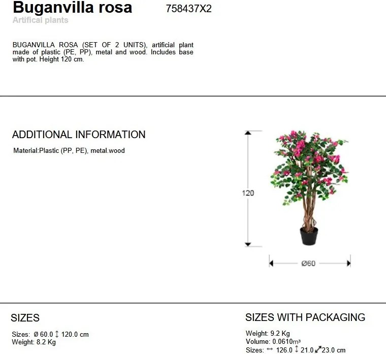 Set de 2 plante artificiale, Bougainvillea roz H-120cm