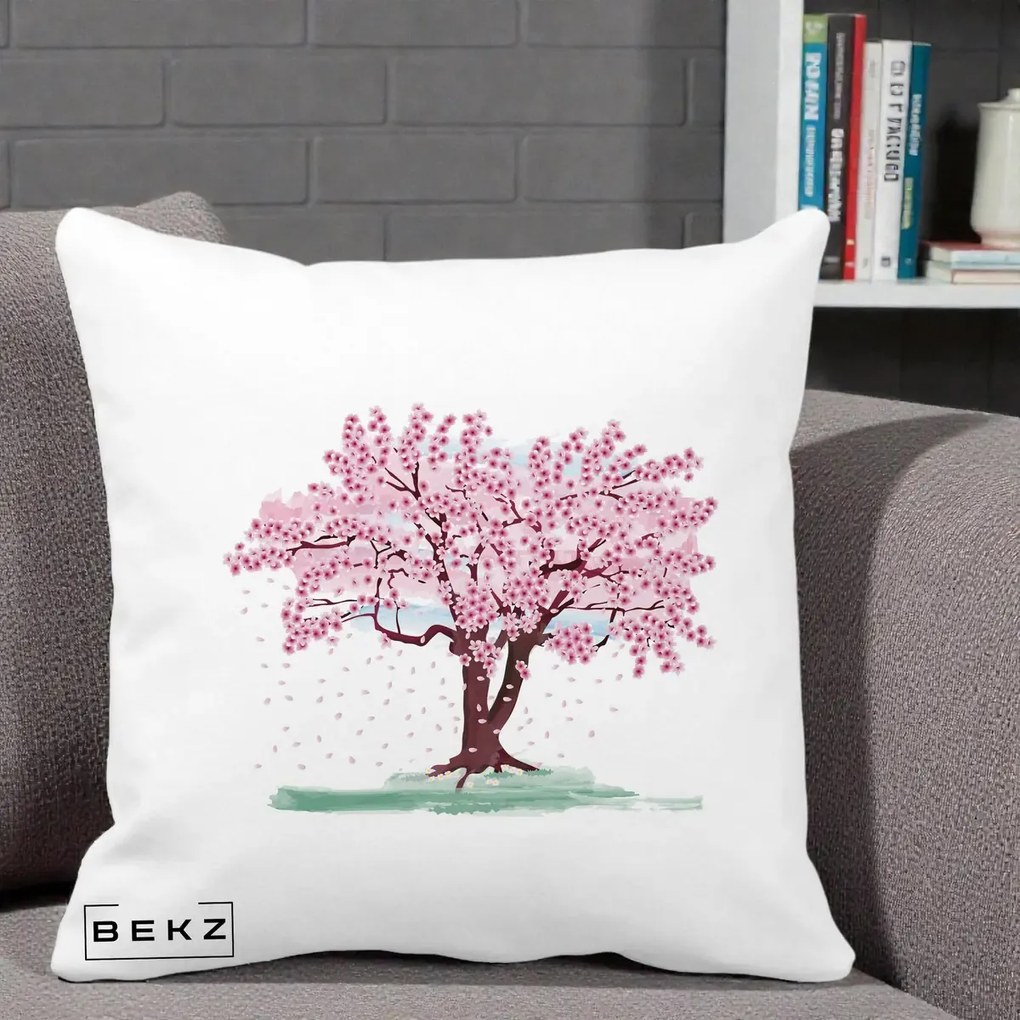 Perna Decorativa Cires Inflorit Acuarela, 40x40 cm, Alba Mata, Husa Detasabila, Perna Inclusa, BEKZ®
