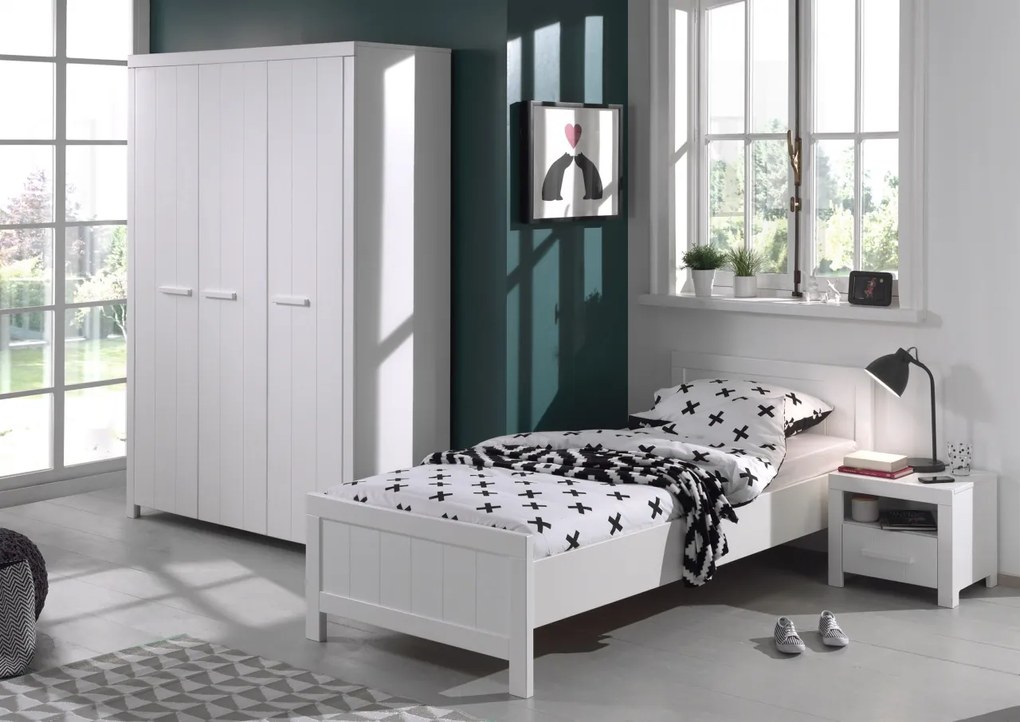 Set Mobilier Cameră Copii ERIK: Pat 90x200 cm, Dulap 3 Uși și Noptieră, Alb – Vipack
