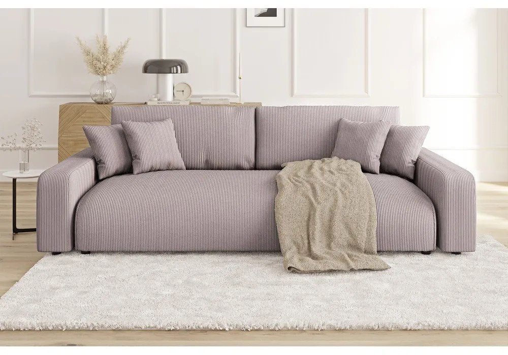 Canapea roz-deschis extensibilă, cu spațiu de depozitare, cu tapițerie din catifea reiată 234 cm Sara – Ropez