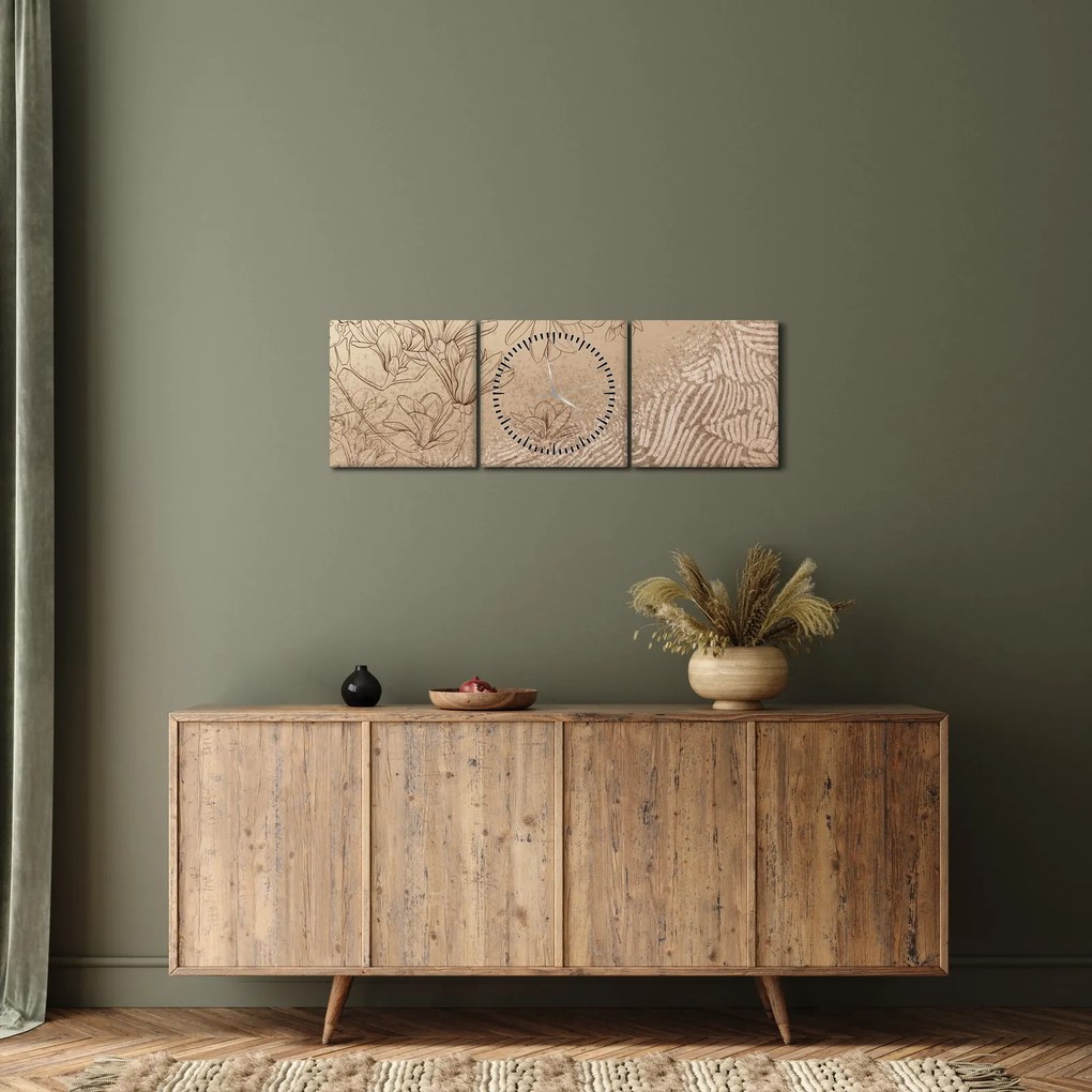 Tablou - Flori desenate (cu ceas) (90x30 cm)