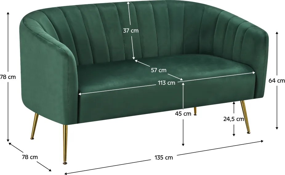 Canapea de design cu 2 locuri, ţesătură Velvet verde închis/gold crom-auriu, BAGY