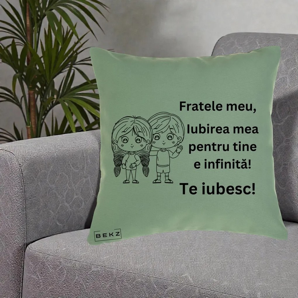 Cadou pentru Frate - Perna Personalizata Fratele Meu Te Iubesc Copii Anime Line Art Negru, 40x40 cm, Verde, Husa Detasabila, Perna Inclusa, BEKZ®