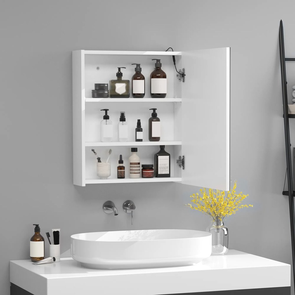 HOMCOM Dulap Baie cu 1 Usa Basculanta Oglinda si Lumini LED 60 x 50 x15cm | Aosom Romania