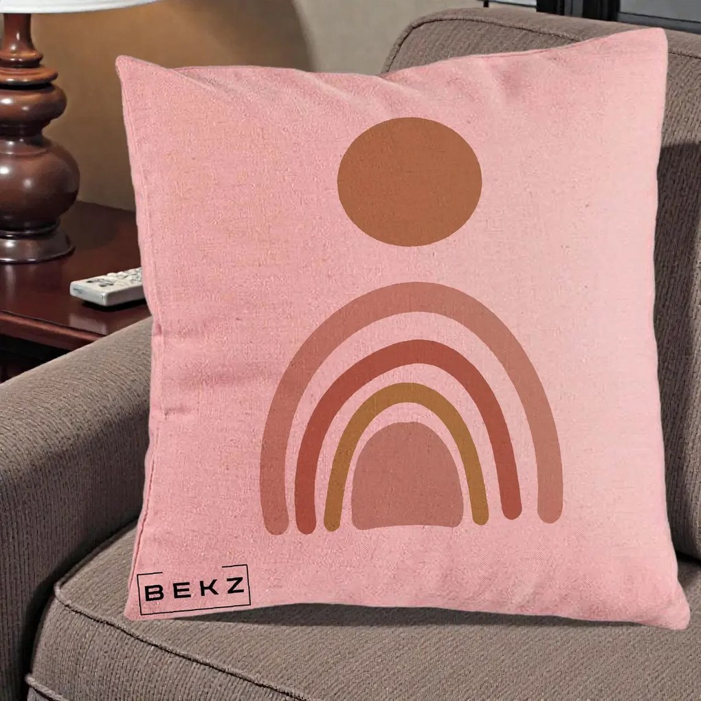 Perna Decorativa Boho Rainbow Sun, 40x40 cm, Roz, Husa Detasabila, Perna Inclusa, BEKZ®