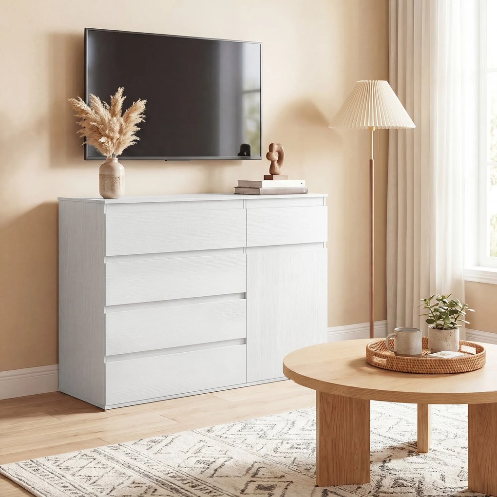 HOMCOM Bufet living, mobilier de depozitare cu 5 sertare, poliță reglabilă și ușă cu închidere silențioasă, 100 x 40 x 80 cm, alb | Aosom Romania