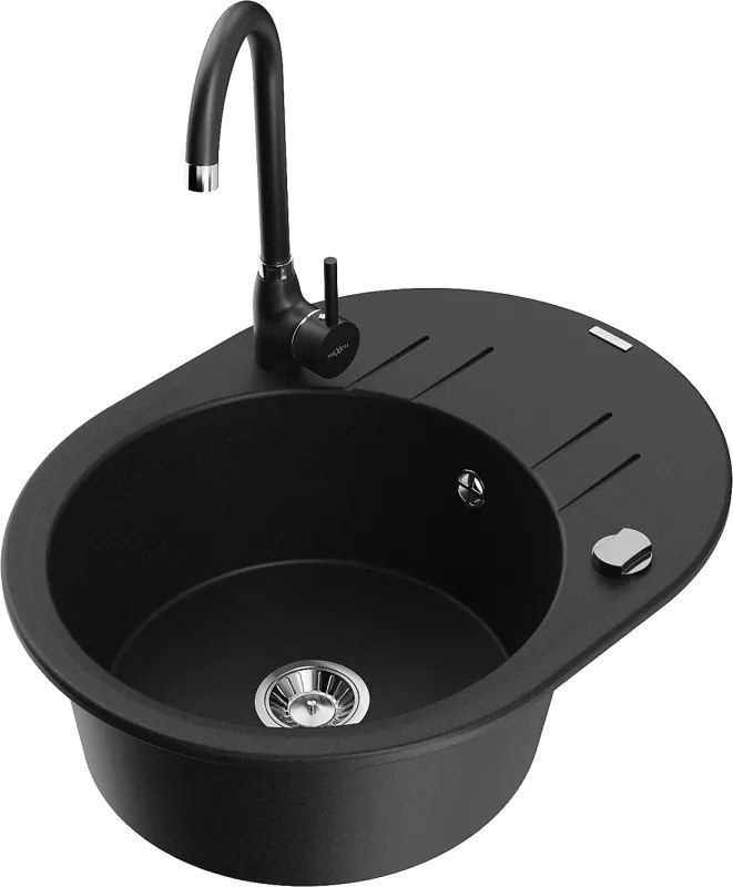 Mexen Kevin chiuvetă de bucătărie granit 1-cameră cu picurător și baterie Telma, negru - 6517-77-670200-70