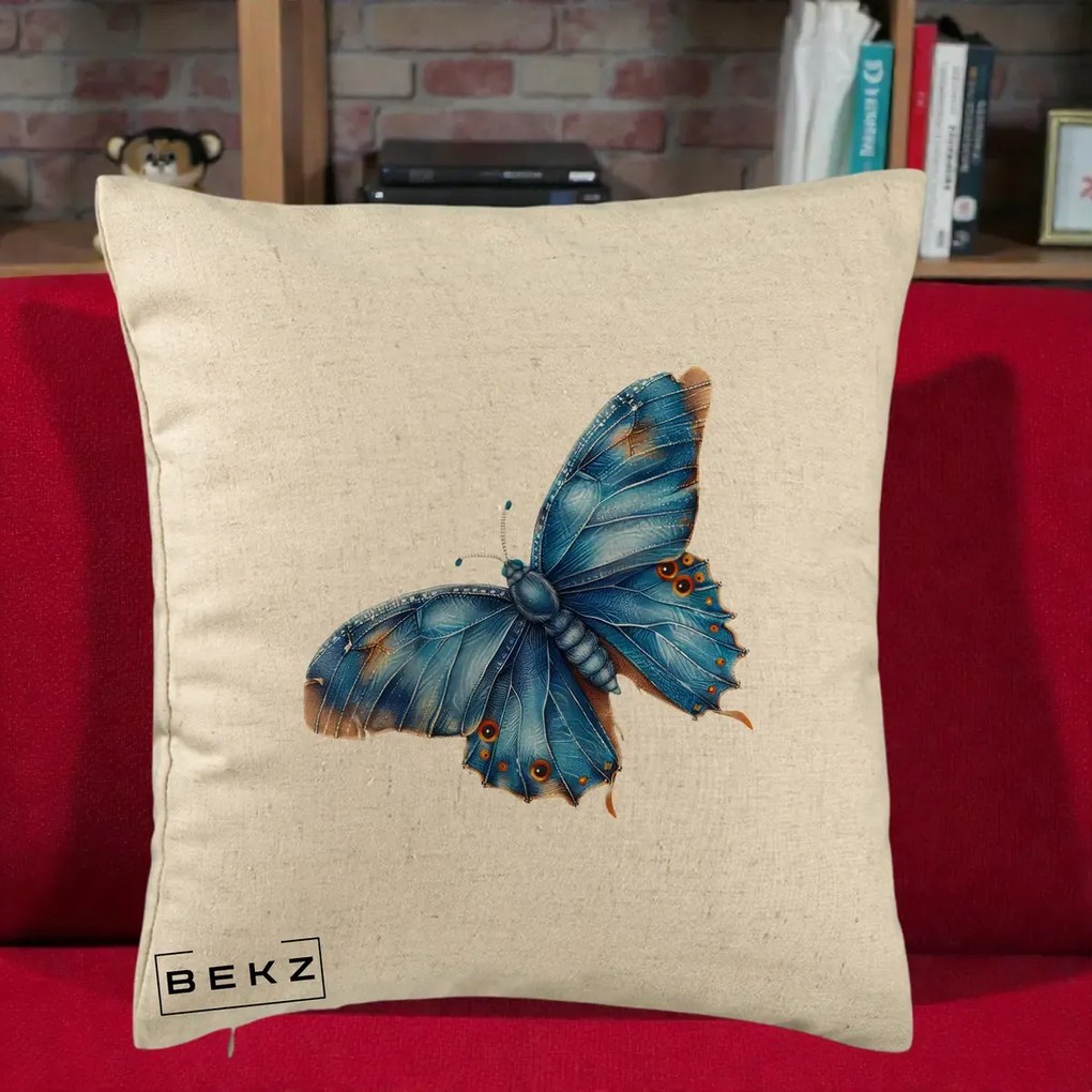 Perna Decorativa Fluture Albastru Satin cu Pete Aurii, 40x40 cm, Bej, Husa Detasabila, Perna Inclusa, BEKZ®