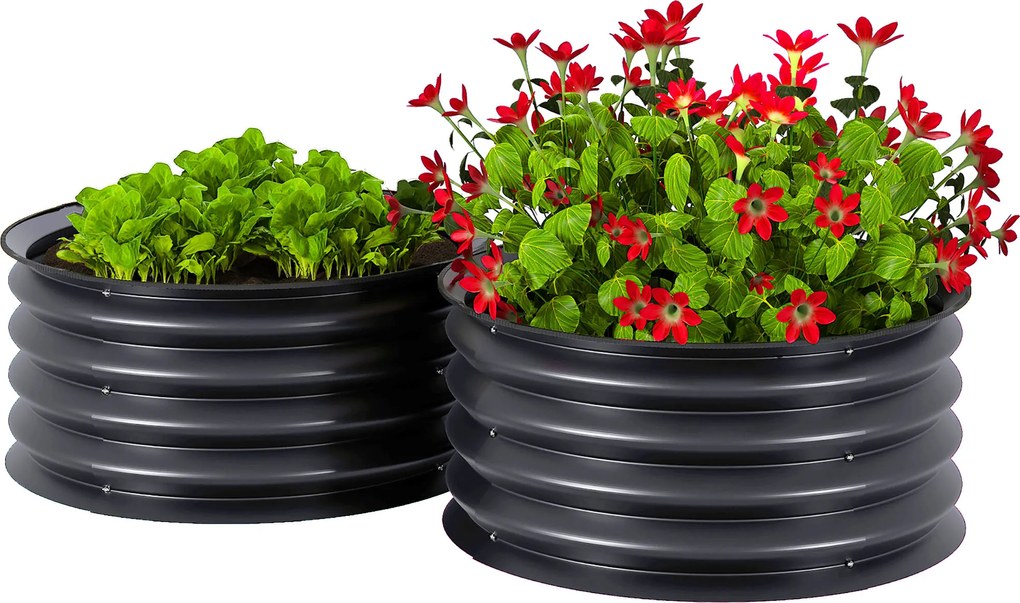 Outsunny Set de 2 containere de plantare galvanizate, Ø60 x 30H cm, ghivece cu fund deschis pentru diferite plante, Gri închis | Aosom Romania