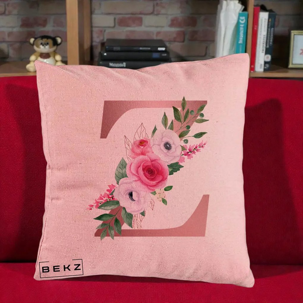 Cadou Personalizat - Perna Personalizata Monograma Rose Gold Litera Z, 40x40 cm, Roz, Husa Detasabila, Perna Inclusa, BEKZ®