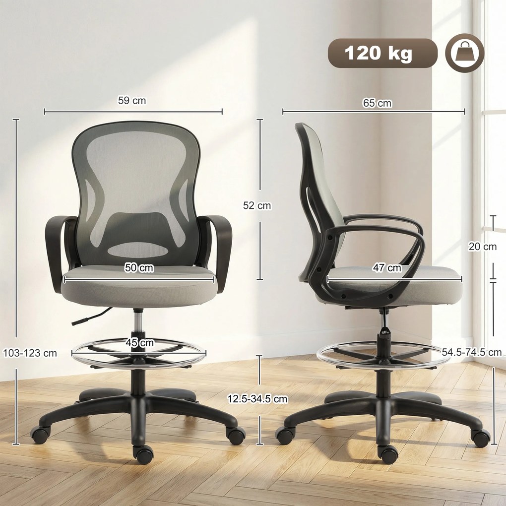 Vinsetto Scaun de birou ergonomic, fotoliu de birou cu suport pentru picioare și cotiere, din mesh, 59 x 65 x 123 cm, Gri | Aosom Romania