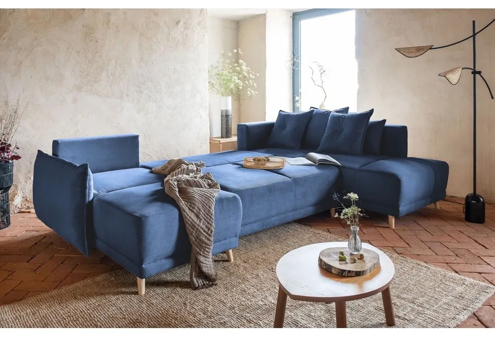 Colțar albastru închis extensibil cu tapițerie din catifea reiată (colț dreapta/în formă de "U") Lazy Lukka – Miuform