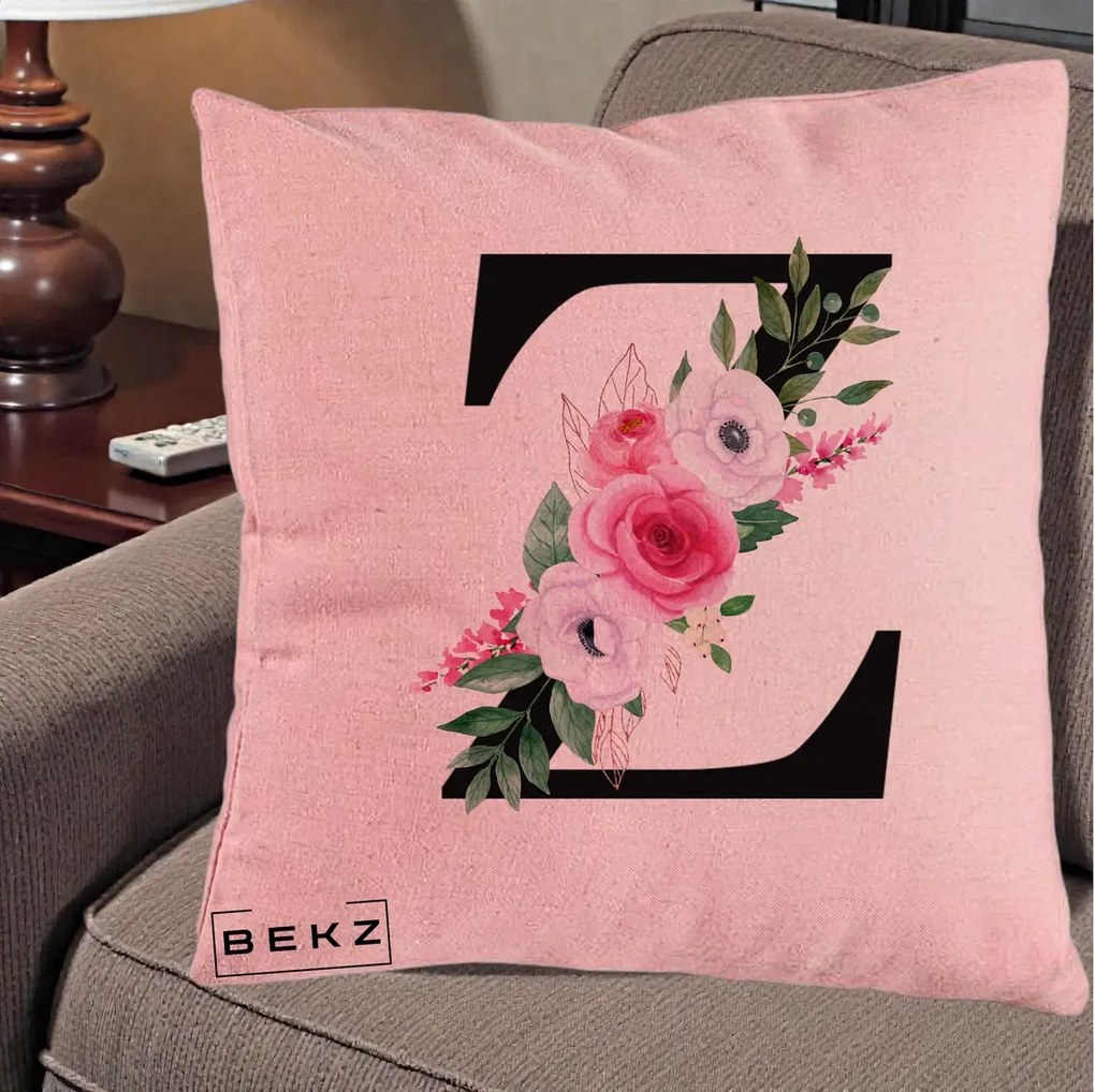 Cadou Personalizat - Perna Personalizata Monograma Florala Litera Z cu Buchet, 40x40 cm, Roz, Husa Detasabila, Perna Inclusa, BEKZ®
