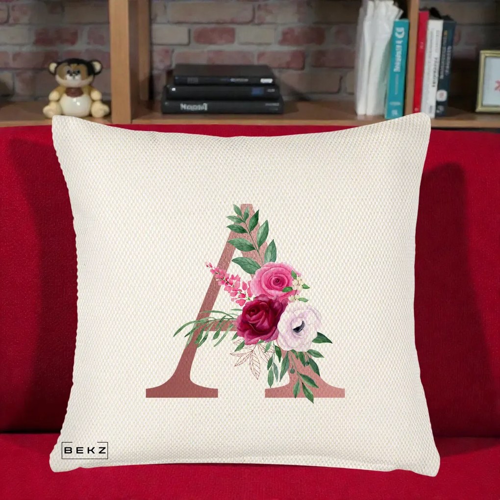 Cadou Personalizat - Perna Personalizata Monograma Rose Gold Litera A, 40x40 cm, Crem Reliefat, Husa Detasabila, Perna Inclusa, BEKZ®