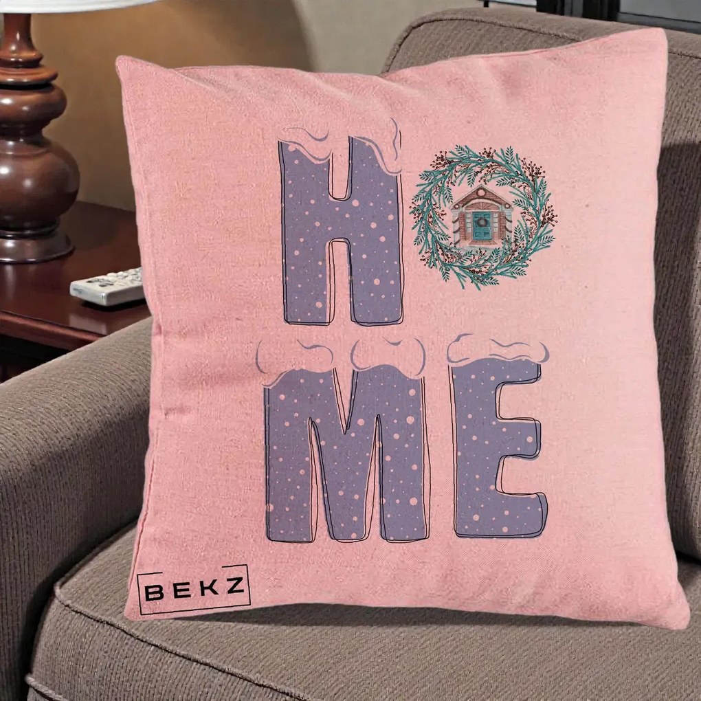 Perna Decorativa HOME Iarna cu Coroana, 40x40 cm, Roz, Husa Detasabila, Perna Inclusa, BEKZ®