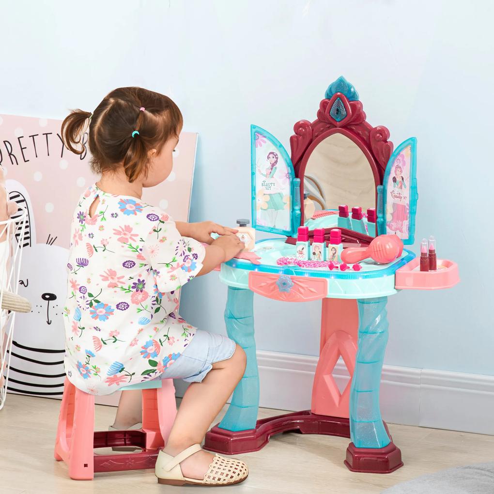 Set de oglinda si masa cu design printesa magica, jucarie muzicala, set de frumusete accesorii, pentru 3-6 ani, albastru roz AIYAPLAY | Aosom RO