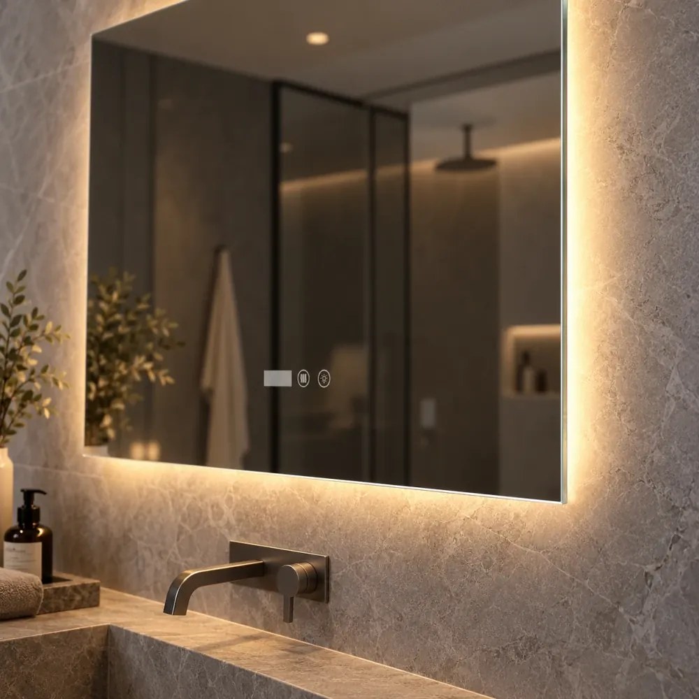Oglinda baie, Multifuncțională, Iluminare LED Touch, Intensitate reglabila, Ceas încorporat, Sistem Dezaburire, 100x60 cm
