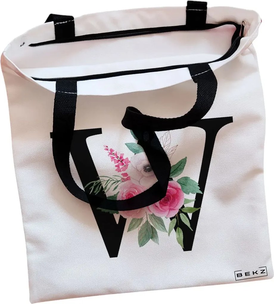 Sacosa de Panza pentru Cumparaturi, Geanta Tote, Cu litera W si Trandafiri, Cu fermoar, 38x34.5 cm, Alba, BEKZ®