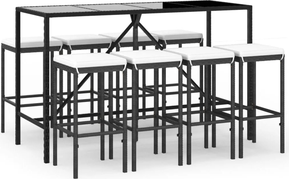 vidaXL Set mobilier bar de grădină cu perne, 9 piese, negru, poliratan