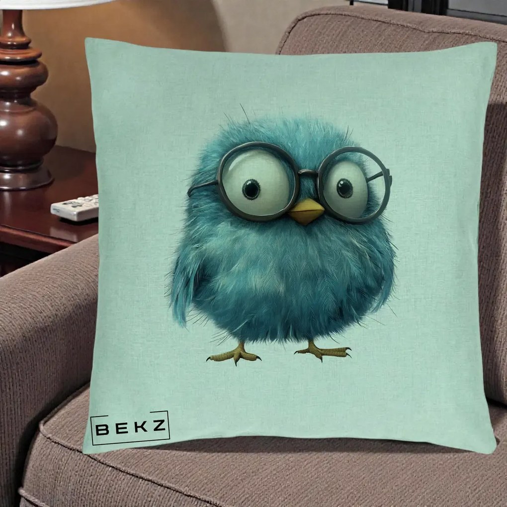 Perna Decorativa Pui Pufos Teal cu Ochelari, 40x40 cm, Verde Menta, Husa Detasabila, Perna Inclusa, BEKZ®
