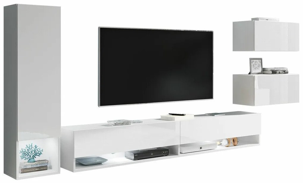 Camera de zi Sarasota 124Alb lucios, Alb, Părți separate, Cu comodă TV, PAL laminat, 130x33cm, 71 kg