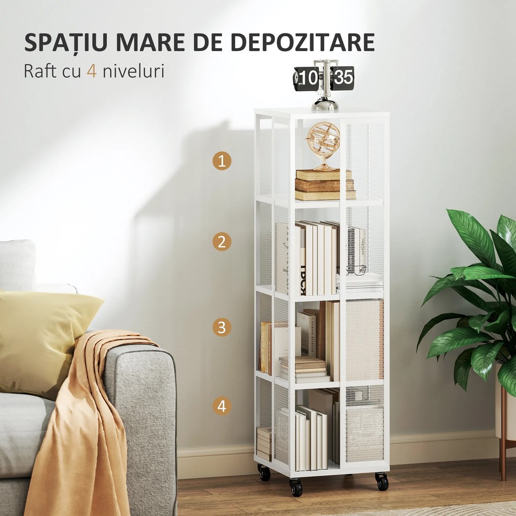 HOMCOM Bibliotecă Modernă cu 4 Rafturi și Roți, 35x35x129 cm, Alb | Aosom Romania