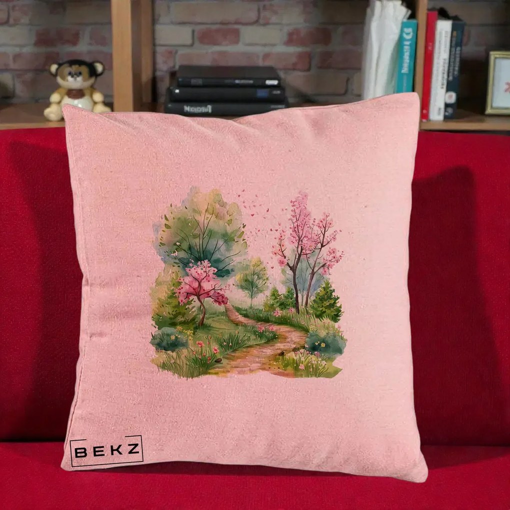 Perna Decorativa Gradina Primavara Acuarela, 40x40 cm, Roz, Husa Detasabila, Perna Inclusa, BEKZ®