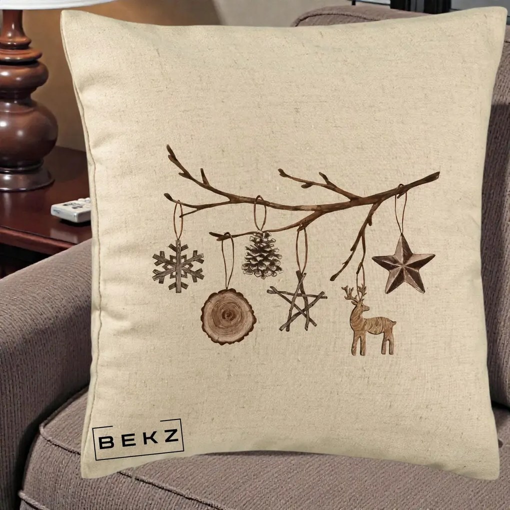 Perna Decorativa Ornamente de Lemn pe Ramura, 40x40 cm, Bej, Husa Detasabila, Perna Inclusa, BEKZ®