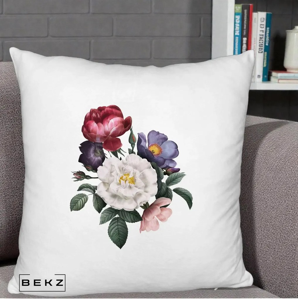 Perna Decorativa Buchet Trandafiri Bujori Botanical, 40x40 cm, Alb Pufos, Husa Detasabila, Perna Inclusa, BEKZ®