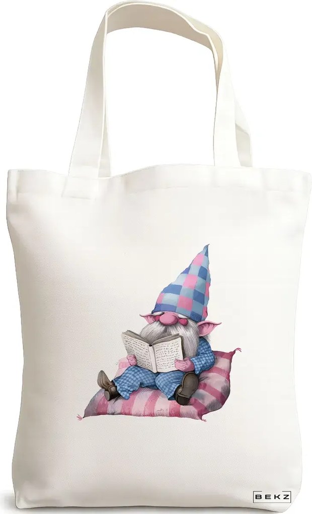 Sacosa de Panza pentru Cumparaturi, Geanta Tote, model The Bookish Gnome 2 38 x 34.5 cm, Alba, BEKZ®