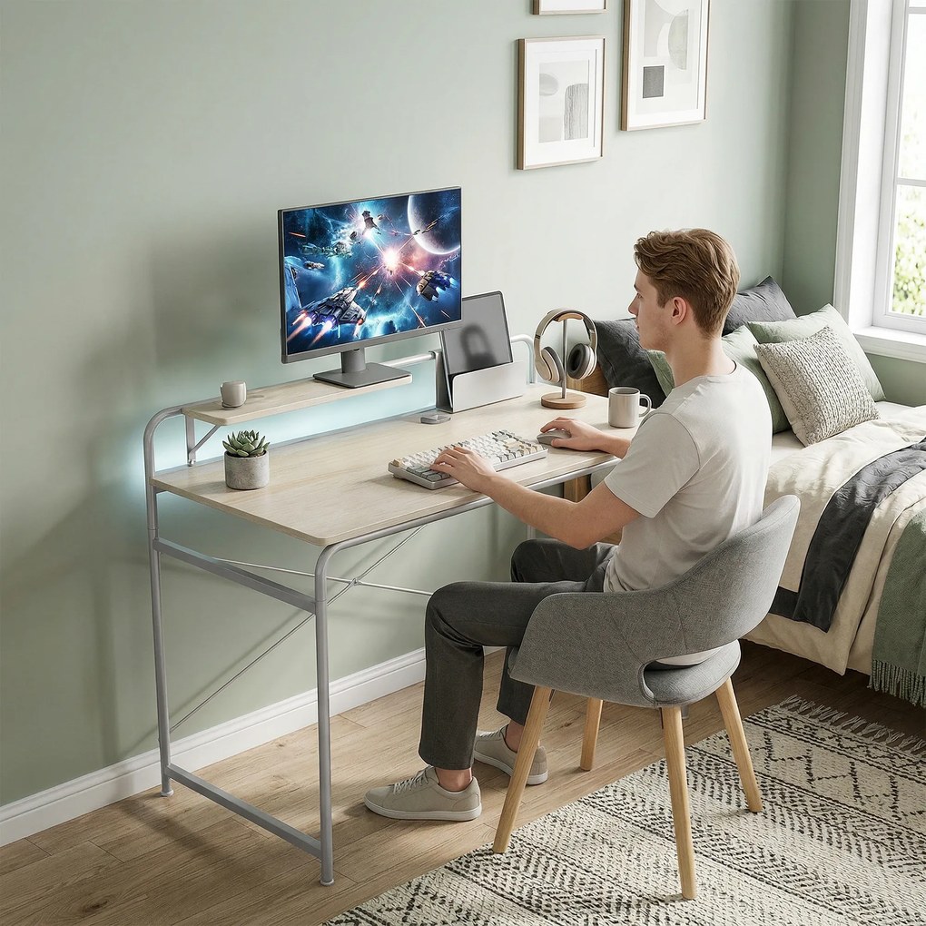 HOMCOM Masă de birou modernă cu raft și structură metalică, montaj ușor 98x48x88,5 cm stejar | Aosom Romania