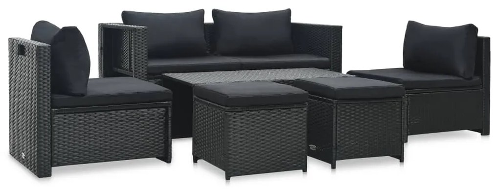 Set mobilier de gradina cu perne, 6 piese, negru, poliratan