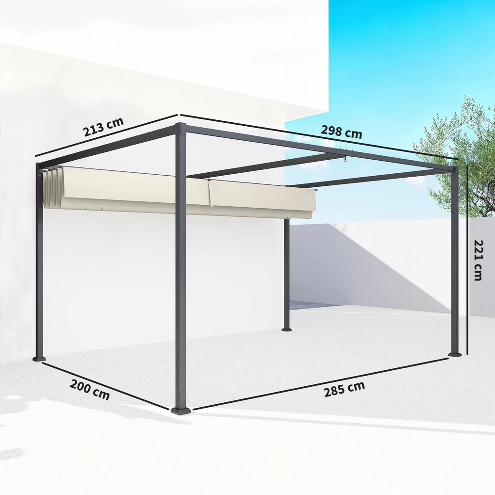 Outsunny Pergolă Gazebo 3x2 m cu Acoperiș Retractabil, Orificii de Drenaj, Țăruși și Șuruburi, Pergolă din Metal și Poliester pentru Exterior, Crem | Aosom Romania