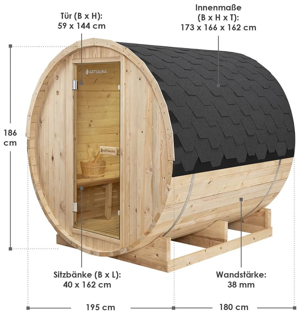 Vonkajšia sudová sauna Spitzbergen L dĺžka 190 cm priemer 190 cm (6 kW)