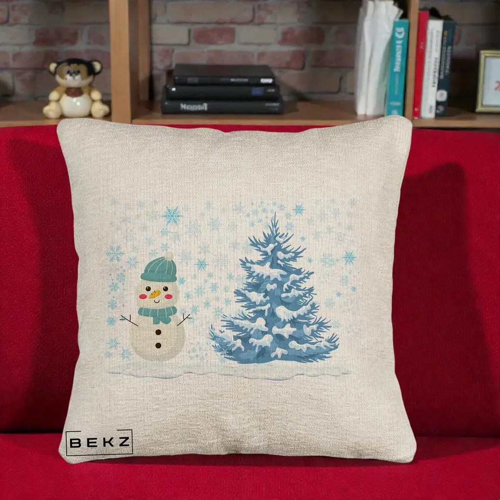 Perna Decorativa Om de Zapada si Brad Craciun, 40x40 cm, Bej Canapea, Husa Detasabila, Perna Inclusa, BEKZ®
