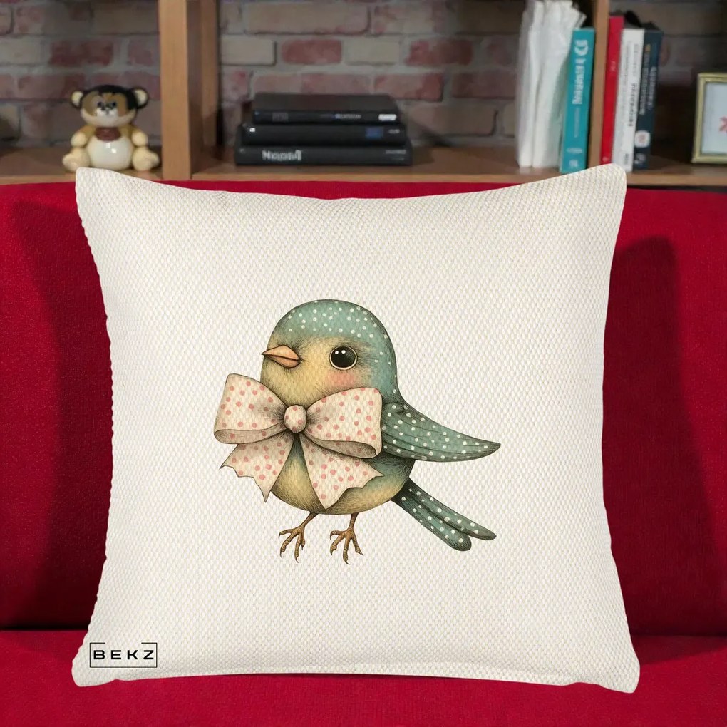 Perna Decorativa Pasare Teal cu Fundita cu Buline, 40x40 cm, Crem Reliefat, Husa Detasabila, Perna Inclusa, BEKZ®