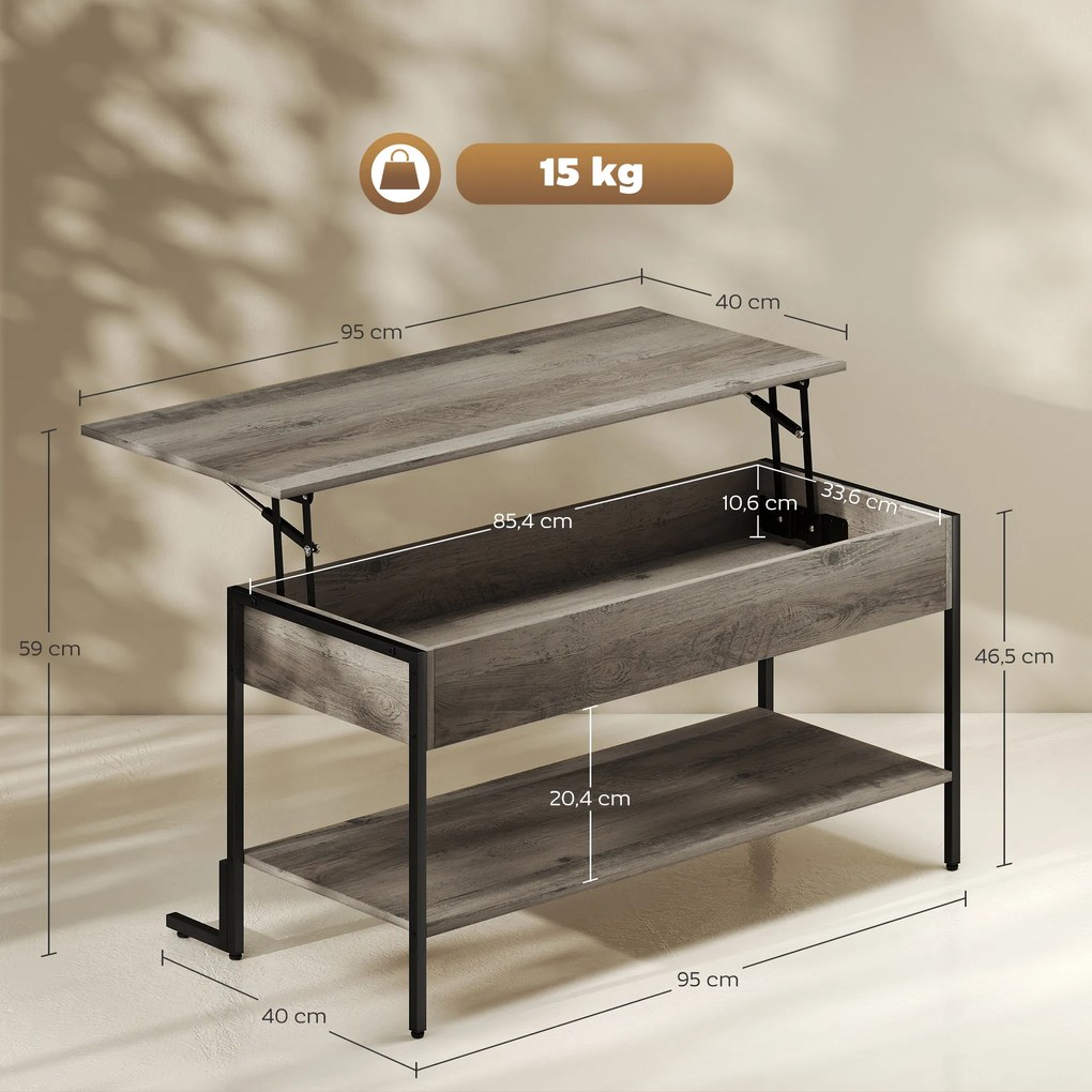 HOMCOM Masa de cafea cu blat rabatabil, masă de salon cu compartiment ascuns și raft deschis, 95x40x59cm, gri | Aosom Romania