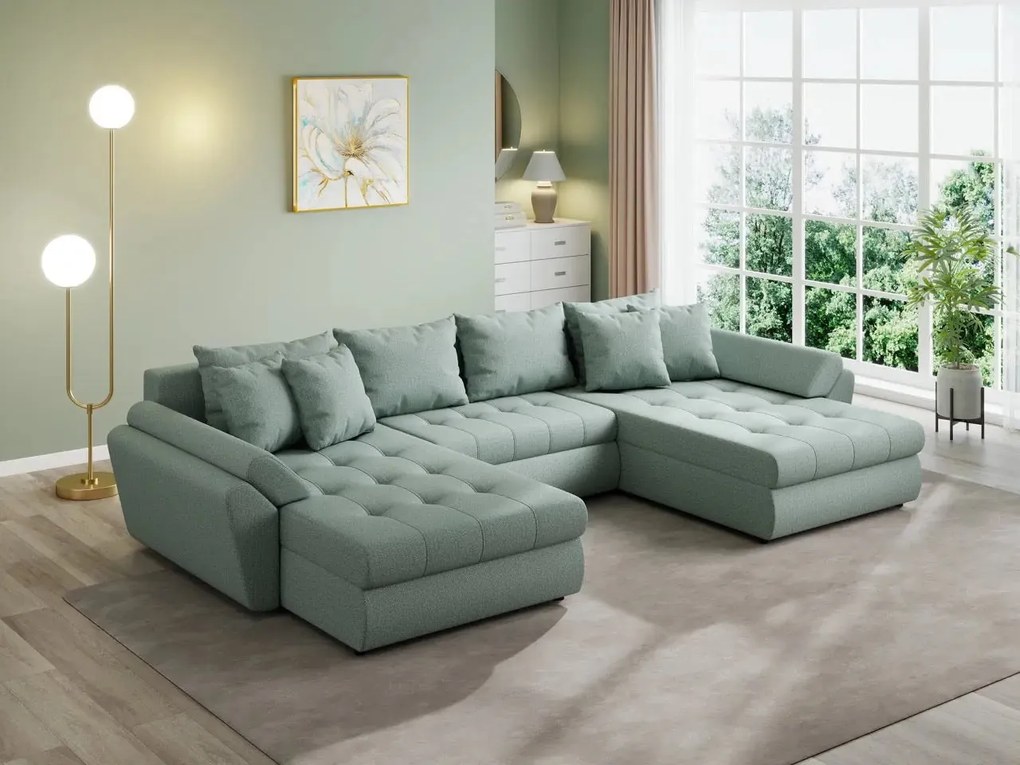 Colțar extensibil dumonde cu ladă de depozitare si sezut confortabil din spuma high-density, Loana U Enjoy Mint 355x185 cm