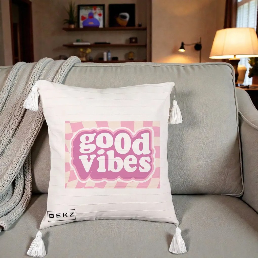 Perna Decorativa Good Vibes Retro Roz, 40x40 cm, Bej cu Franjuri, Husa Detasabila, Perna Inclusa, BEKZ®