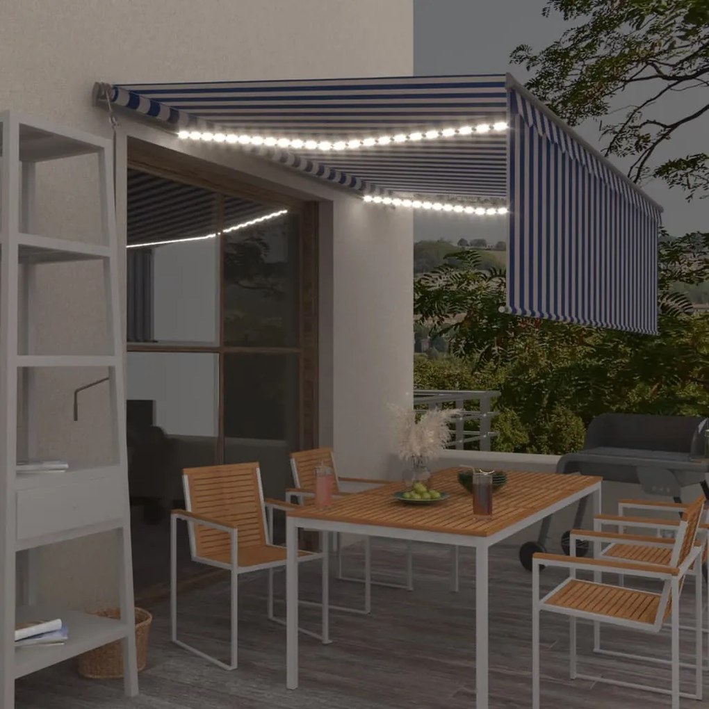 vidaXL Copertină automată cu stor&amp;senzor vânt&amp;LED, albastru&amp;alb, 4x3 m