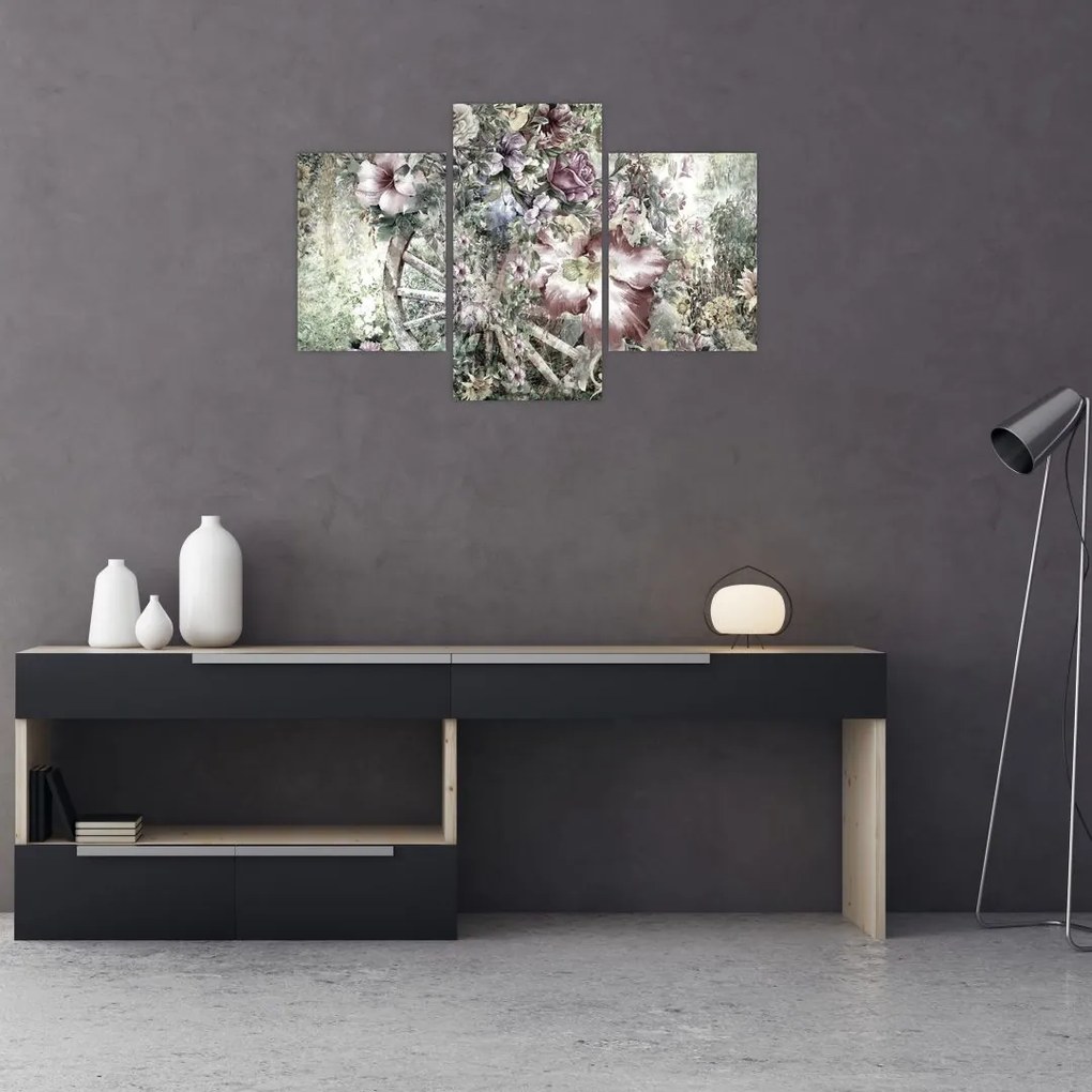 Tablou - Flori pe roata de lemn (90x60 cm)