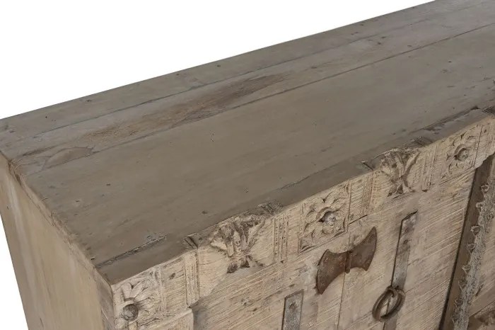 Bufet din lemn reciclat, natur, cu 2 uși și decor sculptat manual, aspect rustic, finisaj natural, 92 x 167 x 51 cm, „Rigora”