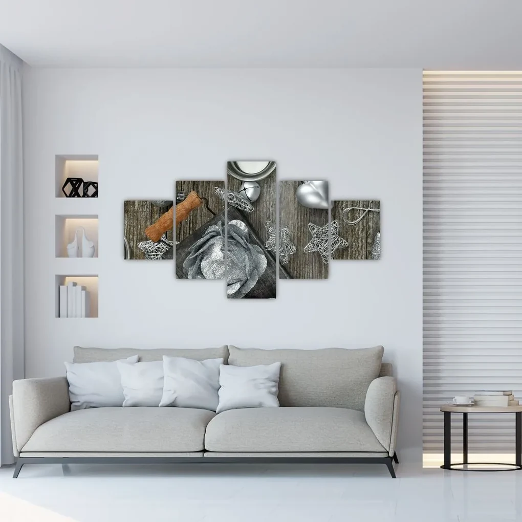 Tablou - decorațiuni argintii de Crăciun (125x70 cm), în 40 de alte dimensiuni noi